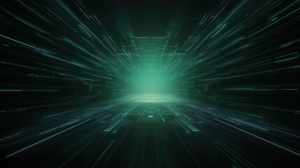 Futuristic Digital Space with Glowing Lines and Green Light Burst