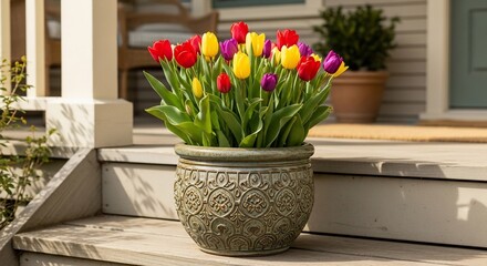 Vibrant tulips in decorative planter grace the steps of a welcoming home adding charm and color to