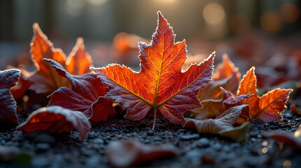 Close up of a vibrant maple leaf on the ground in autumn light
