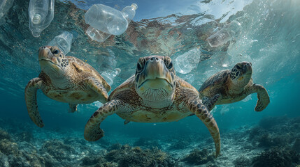 Sea turtle swimming through plastic drinking bottles.