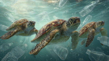 Sea turtle swimming through plastic drinking bottles.