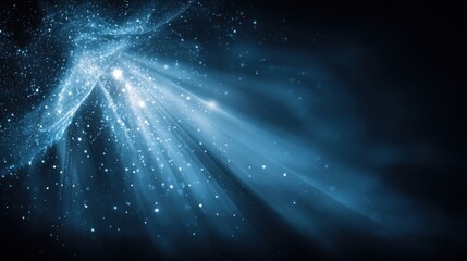 Light rays emanating from a central point, amidst sparkling particles.