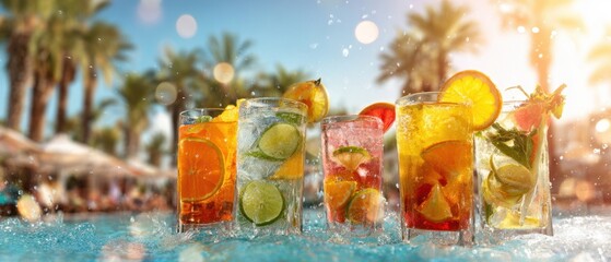 The refreshing cocktails in vibrant colors by the sparkling poolside.