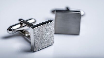 Close-up shot of two square, silver cufflinks on a white surface, showcasing their metallic texture and design.