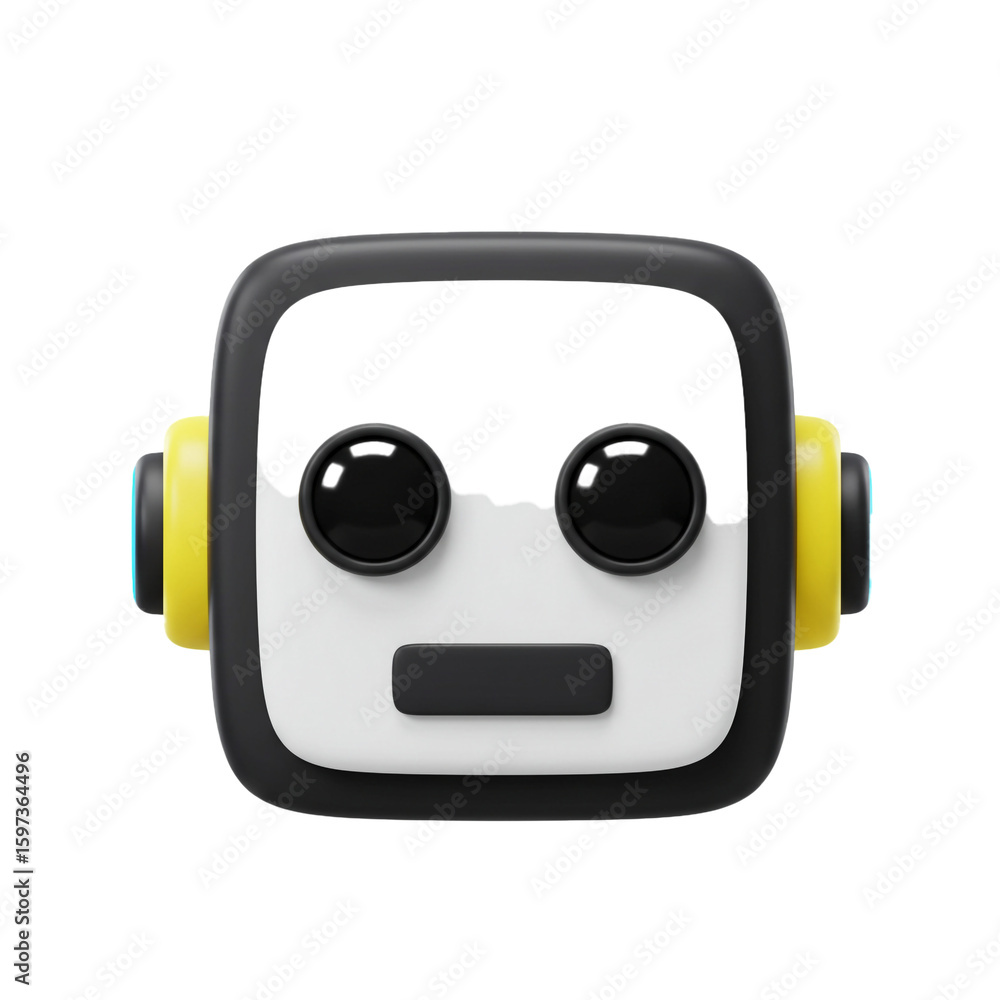 Poster a modern robot head with a neutral expression and colorful earpieces, representing ai technology.