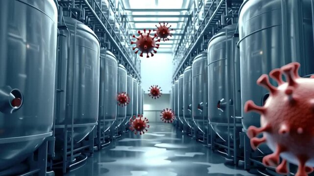 Virus particle contamination risk inside sterile industrial facility with large metal tanks highlighting viral infection and pandemic outbreak indoors