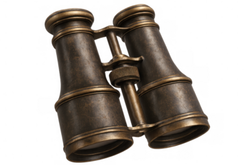 Vintage brass binoculars resting against white backdrop, symbolizing maritime exploration and nostalgic nautical journeys