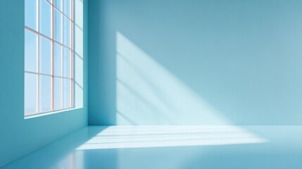 Fototapeta premium A spacious room features a large window that allows morning sunlight to cast gentle shadows on the soft blue walls and floor, enhancing the serene atmosphere.