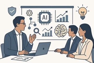 Engaging discussion on artificial intelligence strategies seen in a professional setting with visual elements depicting data analysis market trends and innovative brainstorming sessions
