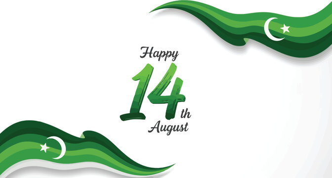 Happy fourteenth August design with waving Pakistan flag elements.