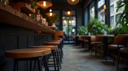 Interior view of a restaurant with bar stools and table seating