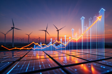 Renewable energy growth concept with solar panels, wind turbines and upward trending graph at sunset