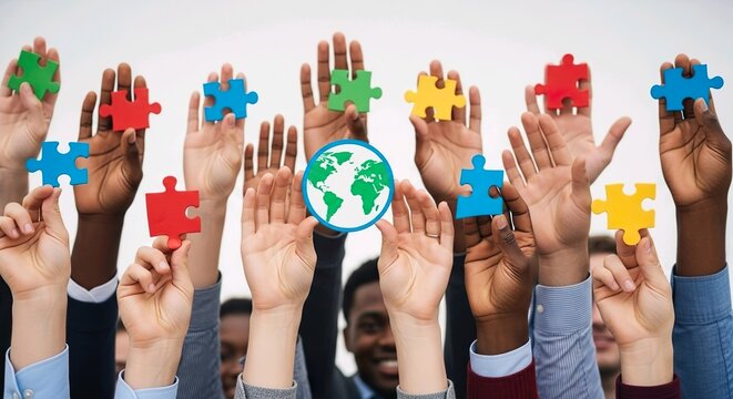 Diverse Hands Holding Colorful Puzzle Pieces and Globe Symbolizing Global Unity and Teamwork