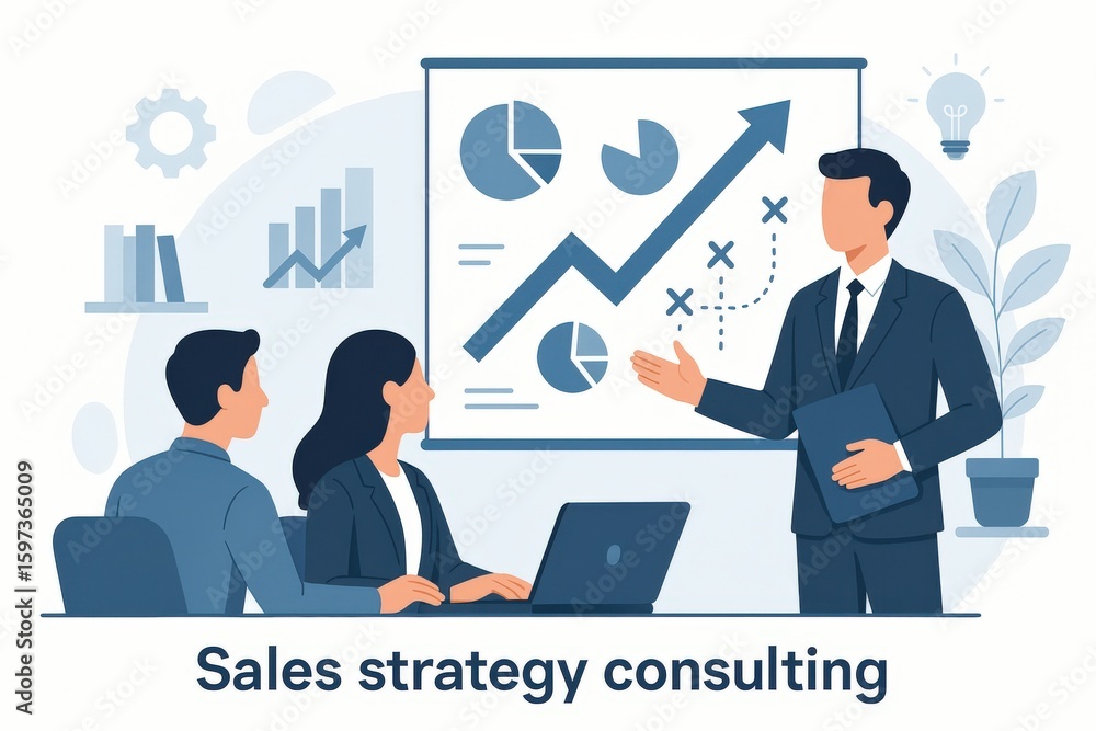 Poster sales strategy consulting session showcasing data analysis and performance growth presented through 
