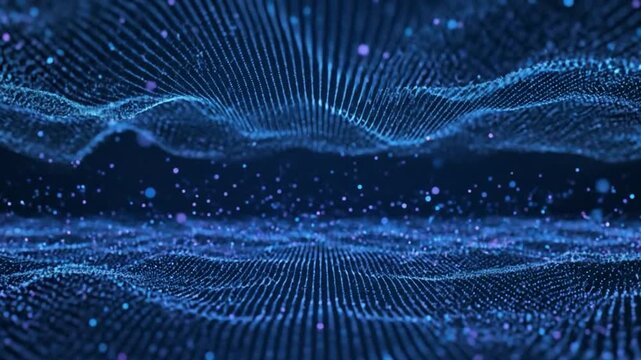 Digital landscape formed by wavy blue lines  scattered dots in a dark setting resembling abstract data visualization - Powered by Adobe
