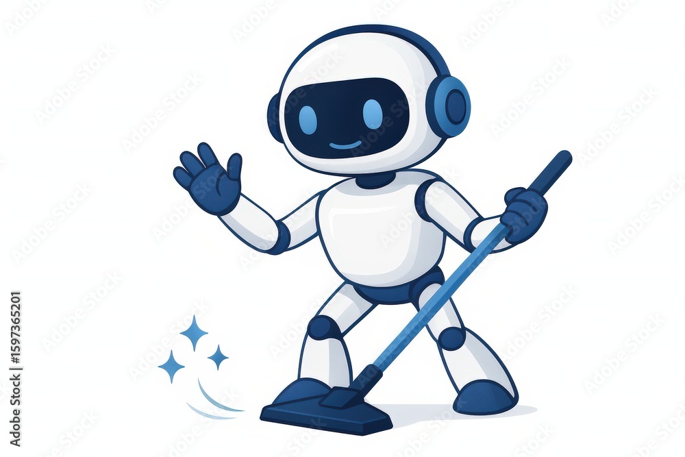 Poster friendly animated robot engaging in cleaning task showcasing innovative technology and modern automa