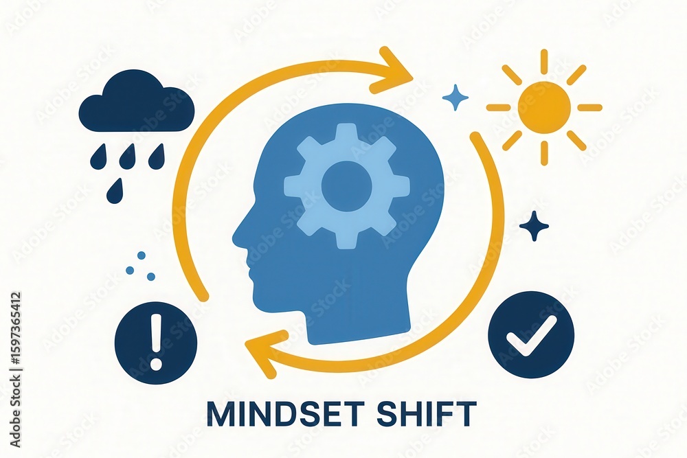 Poster mindset shift illustration depicting cognitive transformation through emotional symbols and iconic v