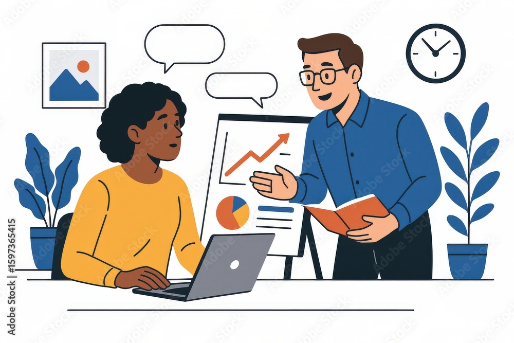 Poster engaging business discussion between two professionals analyzing growth metrics and exploring strate