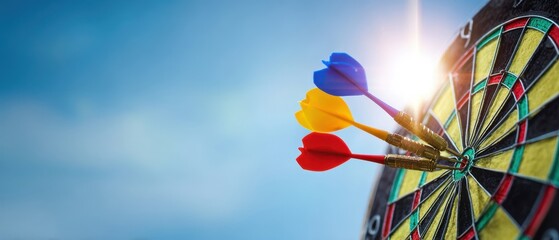 The colorful darts striking the target in a vibrant outdoor setting