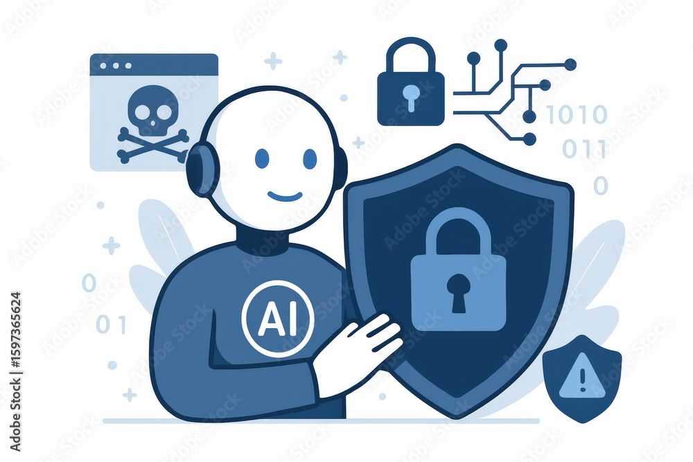 Poster friendly ai character presenting digital security concepts showcasing protective measures against cy