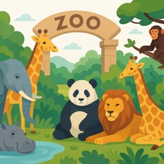 Naklejka premium Diverse animal collective under an archway labeled zoo with vibrant greenery showcasing an elephant panda lion giraffe and hippo symbolizing wildlife conservation and biodiversity in a playful