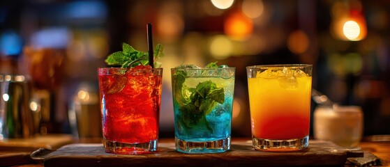 The vibrant cocktails showcasing refreshing colors and mint garnishes on a bar table.