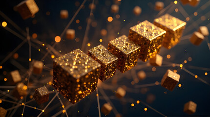 Golden cubes connected by lines floating in a dark background