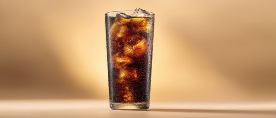 The refreshing glass of fizzy cola with ice and condensation.
