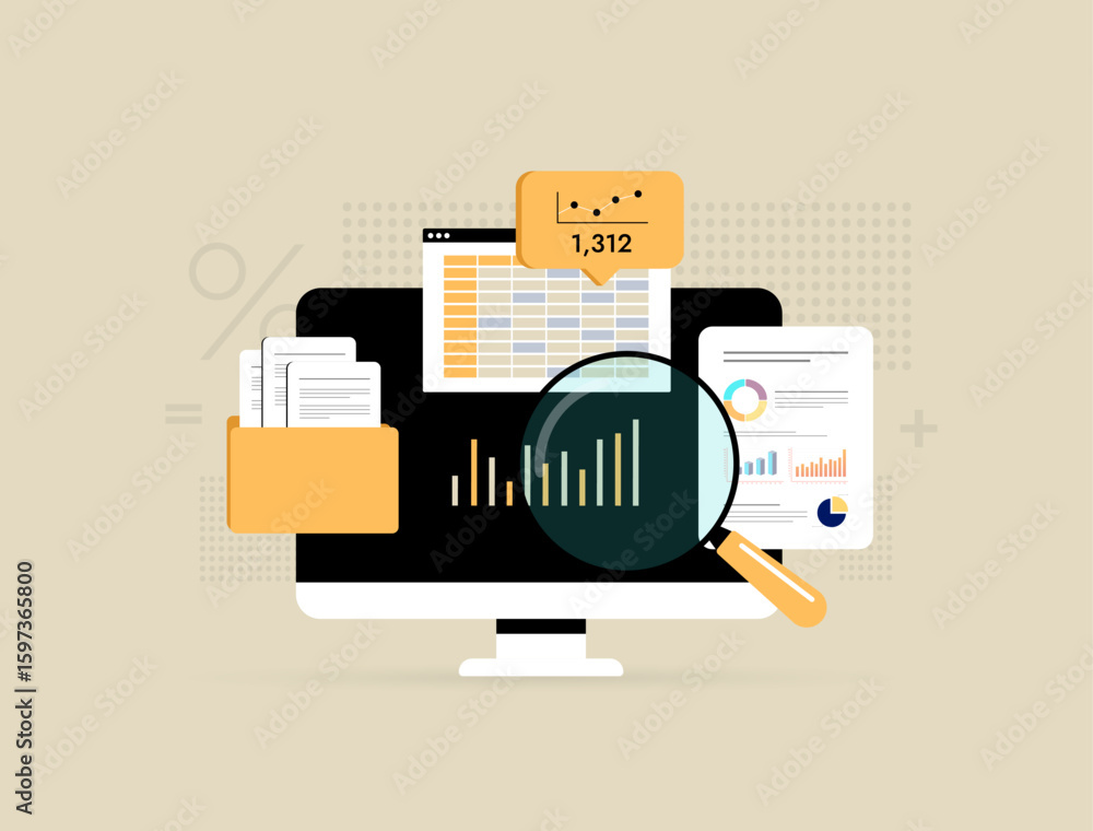 Poster data analysis on marketing analytics dashboard - business metrics, document folders, graphs and spre