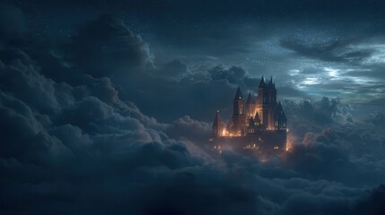 Fototapeta premium Mysterious castle emerges from dark clouds at twilight, surrounded by stormy skies and illuminated by eerie light