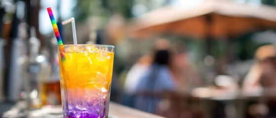 The colorful cocktail with rainbow straw under sunlight at a casual outdoor gathering.