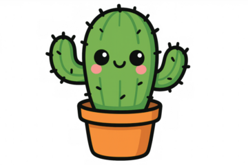 Kawaii cactus character smiling brightly, growing in terracotta pot against transparent backdrop, cute cartoon style