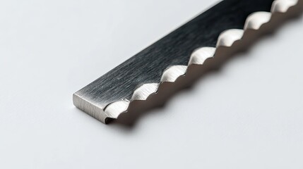 Close-up view of a serrated metal blade with a smooth, flat edge.
