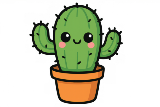Kawaii cactus character smiling brightly, growing in terracotta pot against transparent backdrop, cute cartoon style