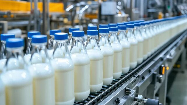 Milk bottle production line factory dairy beverage glass bottle blue cap conveyor belt fresh milk liquid packaging manufacturing industry process