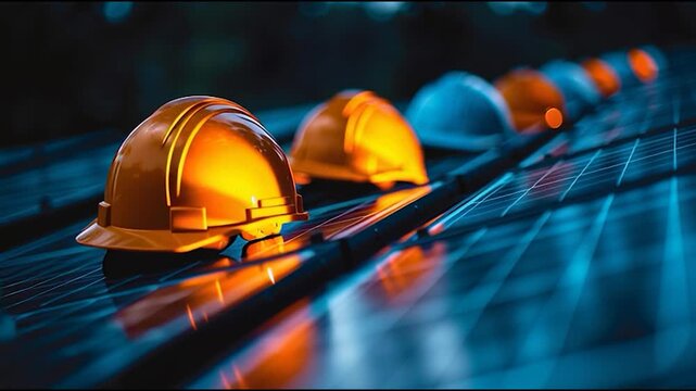 Row of Orange Construction Helmets on Solar Panels at Sunset &ndash; Renewable Energy and Safety Concept