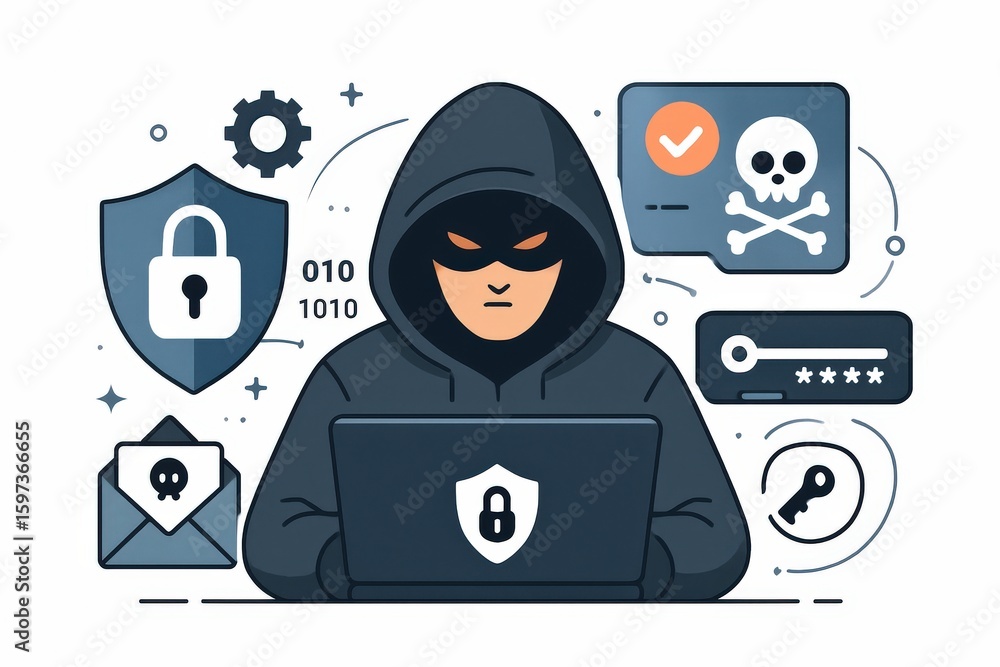 Poster cybersecurity awareness illustrated with a mysterious hacker behind a laptop displaying digital thre