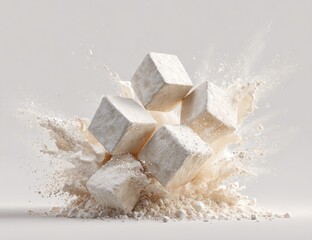 Light beige cubes burst through a cloud of beige powder