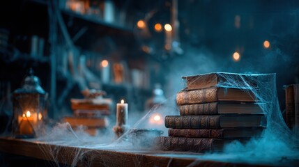 Spooky library setting with cobweb-covered books and flickering candlelight during Halloween night