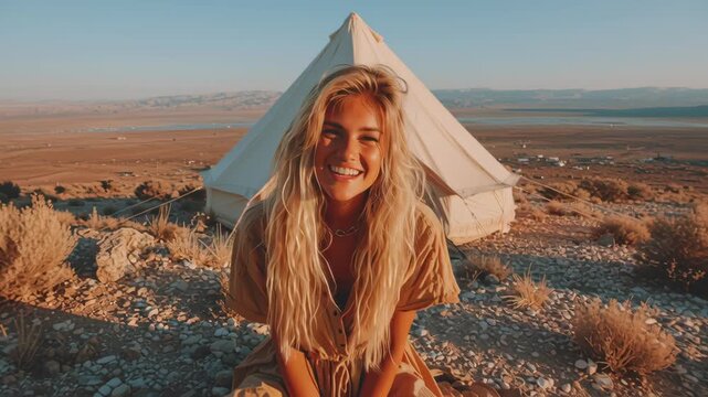 Serene woman enjoying desert camping at sunset near tent, surrounded by natures beauty and tranquility, capturing joyful outdoor adventure vibes