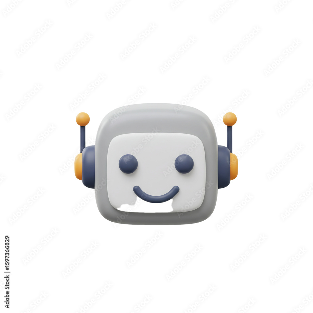 Poster a friendly smiling robot head with cute antennae, representing ai and customer support.