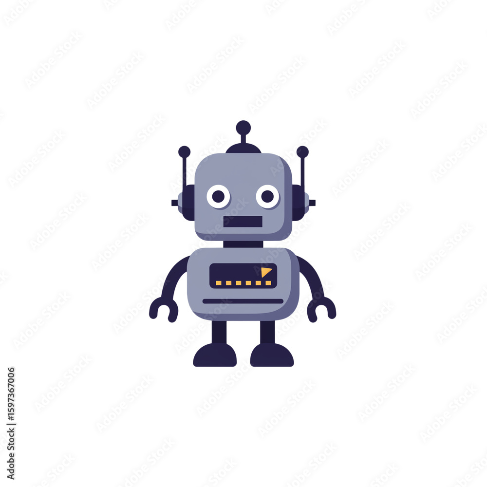 Poster a charming and futuristic cartoon robot character with large eyes and multiple antennae.