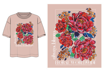 Graphic floral print with bold red peonies and text layout for trendy girls’ and women’s t-shirts. Perfect for summer collections, streetwear graphics, and apparel brands
