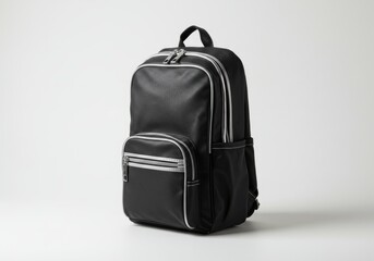 Naklejka premium Sleek black backpack with silver accents reflecting modern style and urban adventures on a light