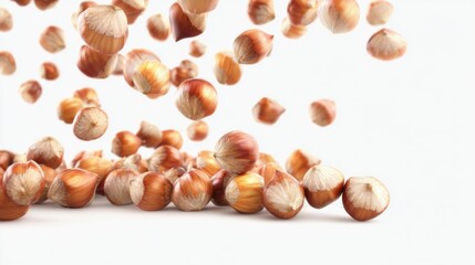 Scattered hazelnuts fill the white surface with their rich brown shells, highlighting their natural texture and color in a dynamic arrangement that brings energy and interest.