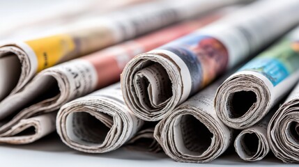 Rolled newspapers are stacked in a casual arrangement, revealing different articles and headlines. The scene evokes a sense of current events and information sharing.