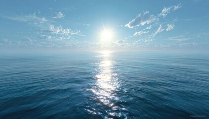 Obraz premium Tranquil ocean, bright sun, puffy clouds. Vast blue expanse of water meets a clear sky dotted with soft clouds, highlighting a brilliant sun