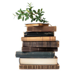 Stack of antique books with green branch