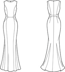 Elegant sleeveless mermaid gown vector front and back view, fashion illustration, formal evening dress, bridal wear design, premium garment sketch