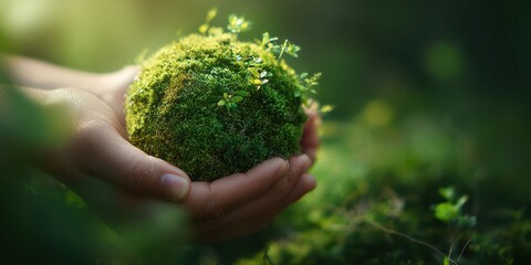 The hands holding a small moss-covered earth ball in a serene environment.